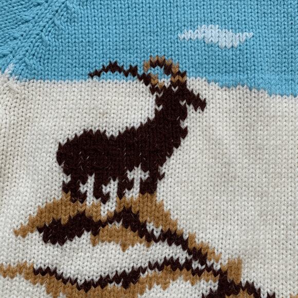 Vintage Alpine Goat Scenic Knit Sweater Cream Blue Mock Neck Unisex Ski Cabin - Picture 9 of 11